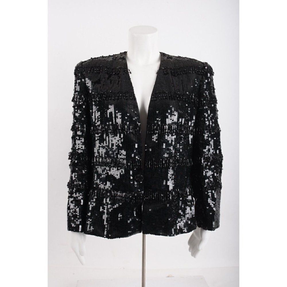 Hartly WestWood Womens Sequin Blazer Jacket Beaded Fringe Sz S Black